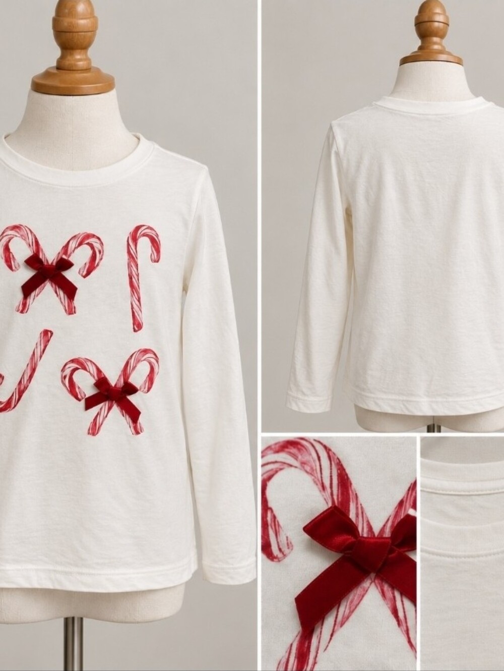 Crewcuts Girls Candy Cane Bow Long Sleeve Tee White NWT Sizes 4/5 & 6/7
